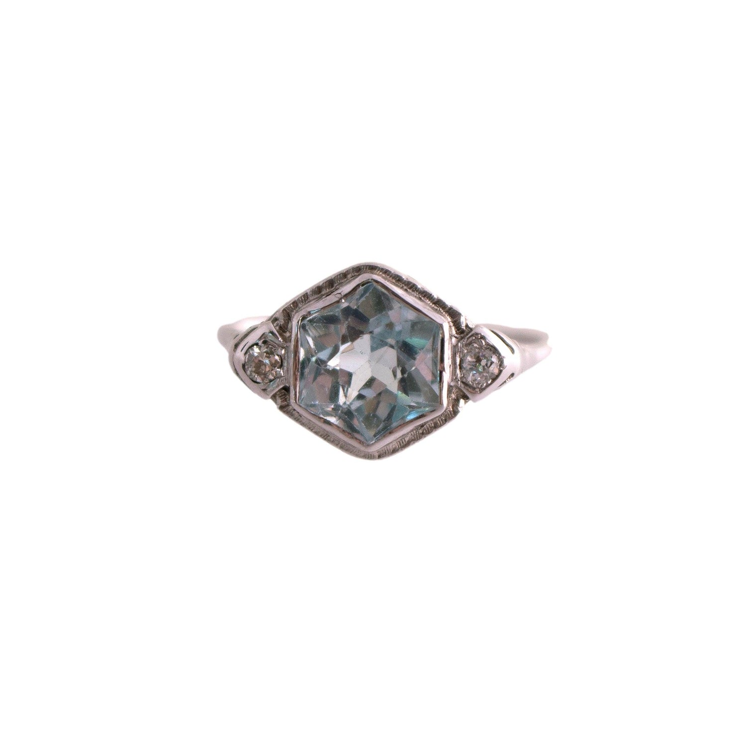 Hexagonal Aqua 2 Diamond 14k White Gold 1930's Filigree Ring
