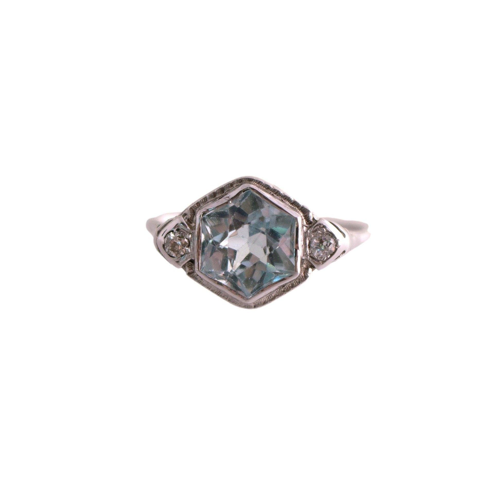 Hexagonal Aqua 2 Diamond 14k White Gold 1930's Filigree Ring