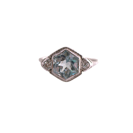Hexagonal Aqua 2 Diamond 14k White Gold 1930's Filigree Ring