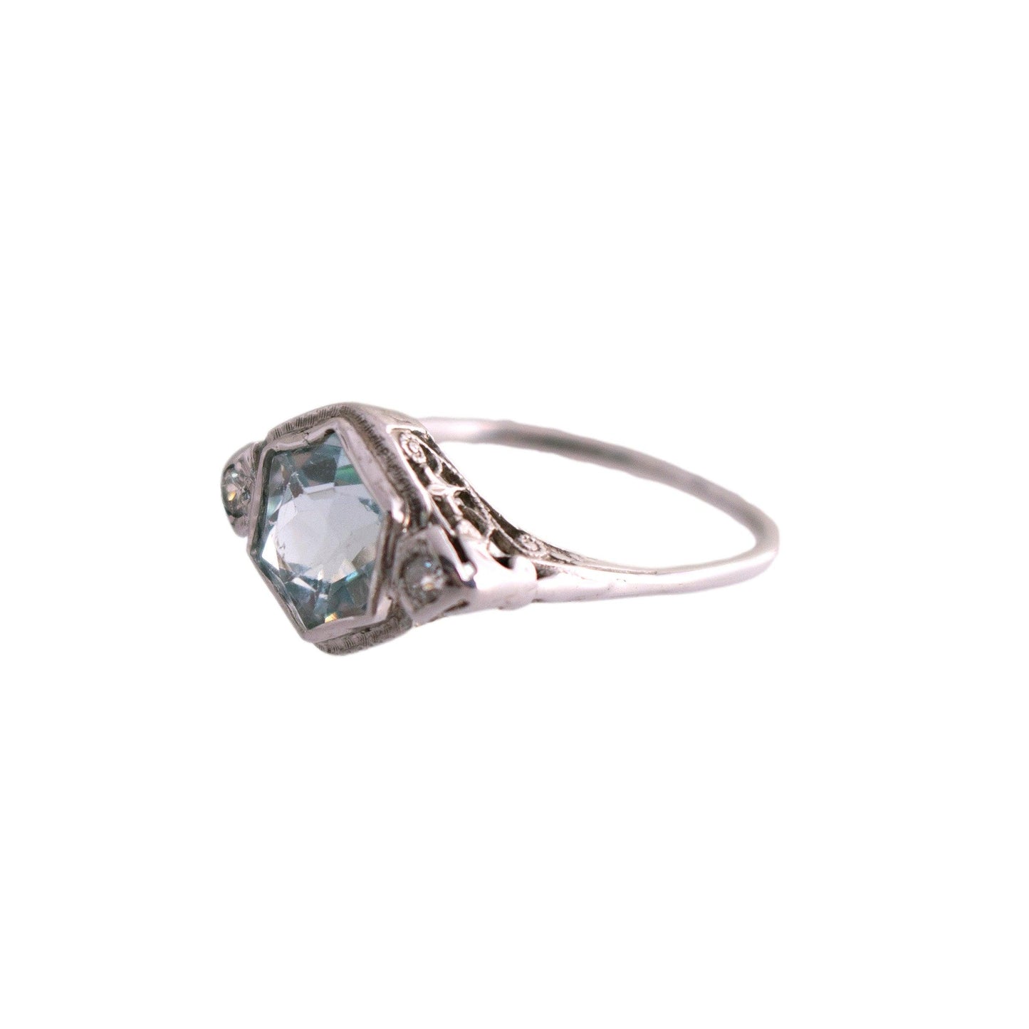Hexagonal Aqua 2 Diamond 14k White Gold 1930's Filigree Ring