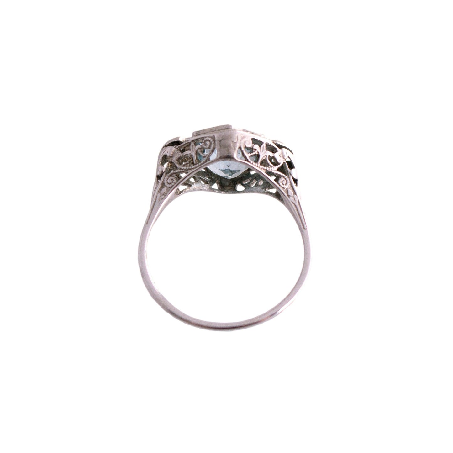 Hexagonal Aqua 2 Diamond 14k White Gold 1930's Filigree Ring