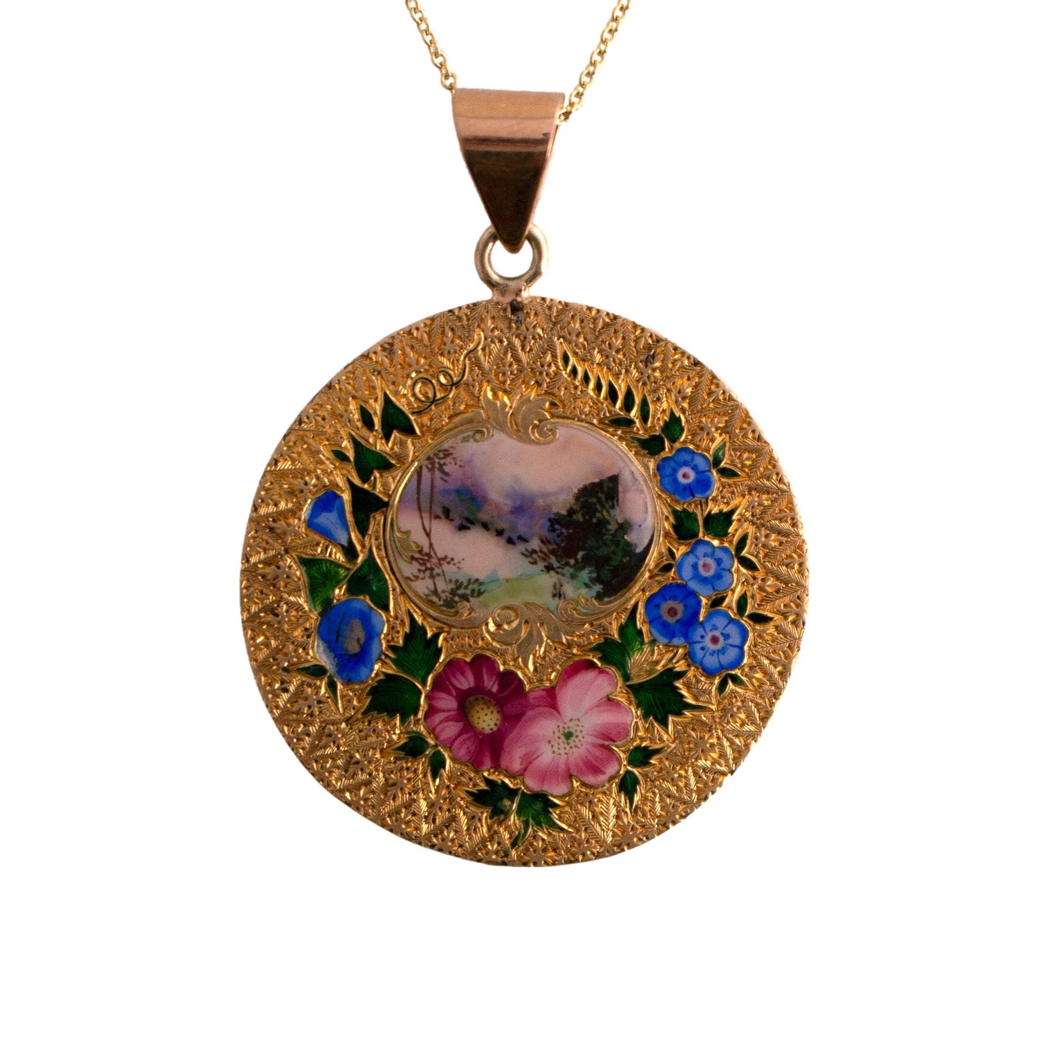 Art Nouveau 18k Floral Enameled Pendant on 18" 14k Chain