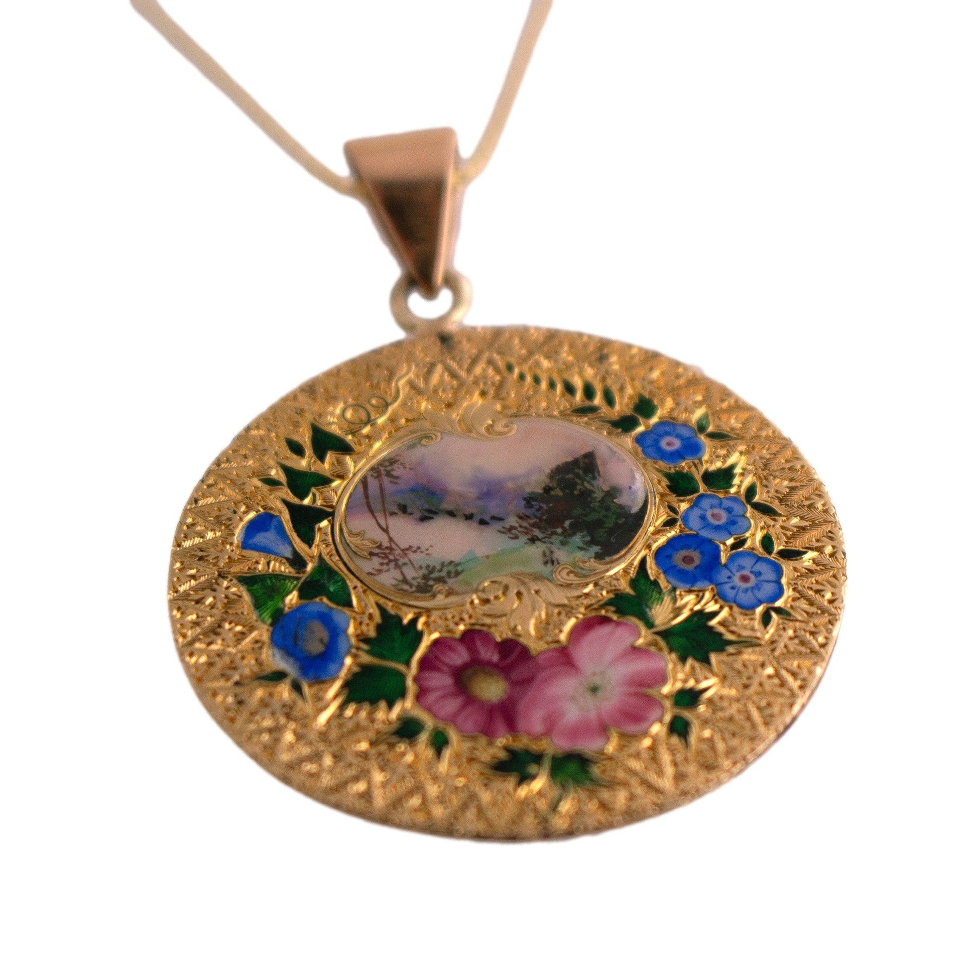 Art Nouveau Floral Enameled Pendant on Chain