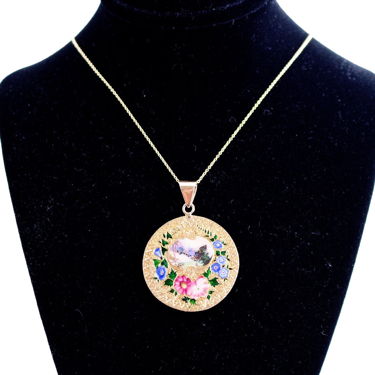 Art Nouveau Floral Enameled Pendant on Chain