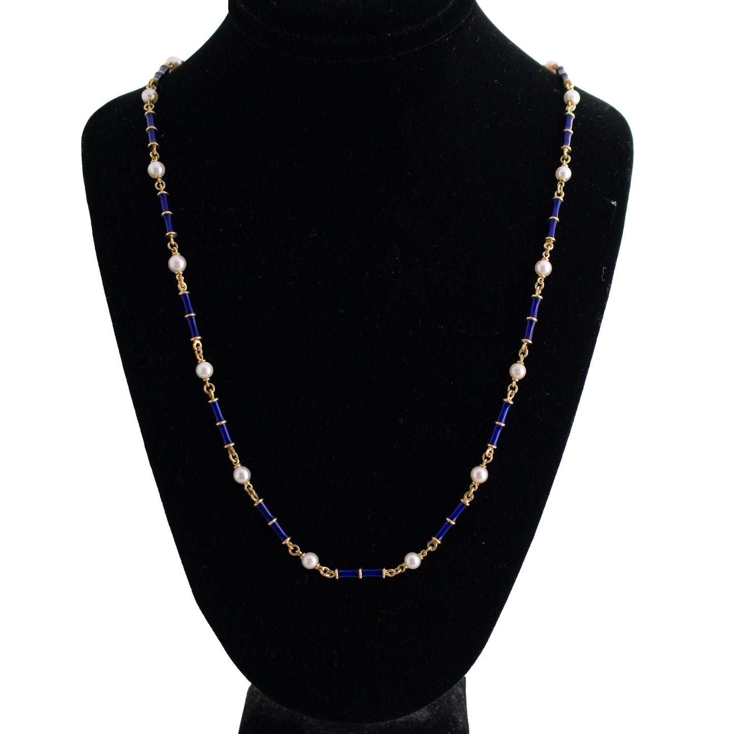 Blue Enamel and Pearl Link Necklace