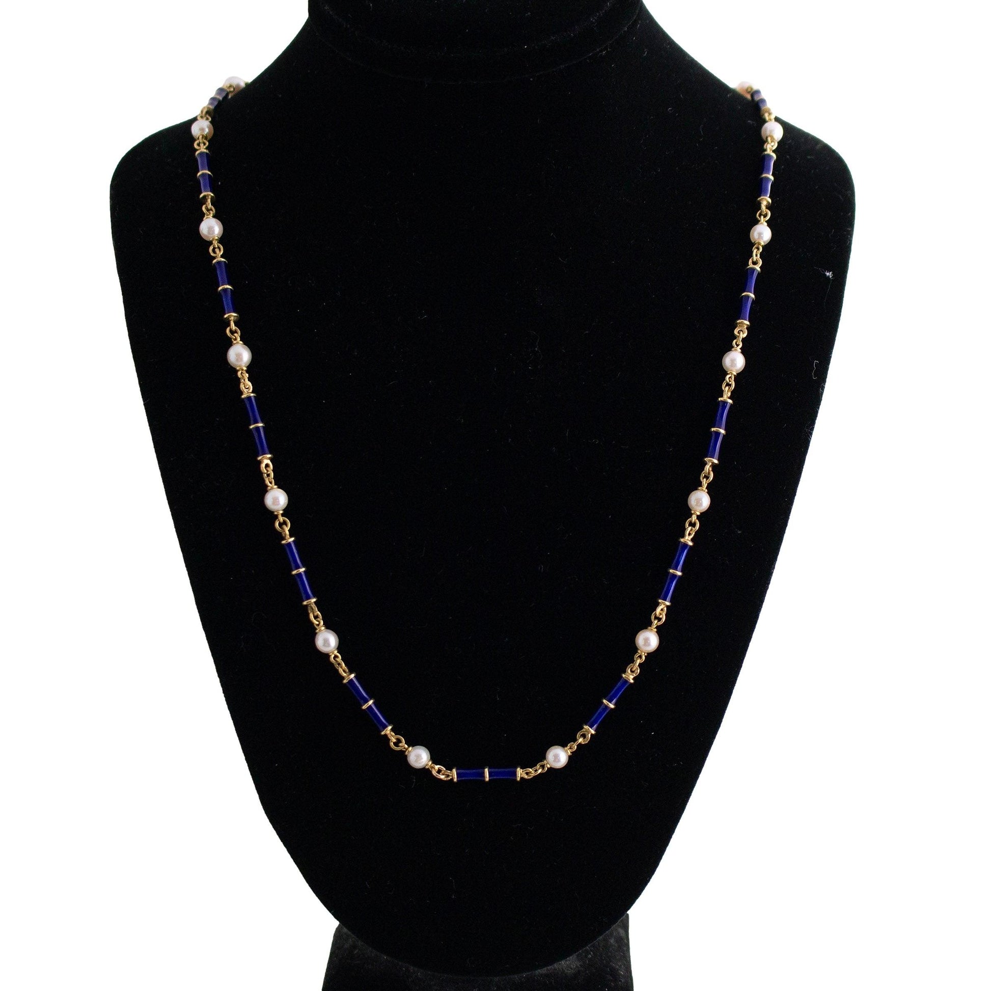 Blue Enamel and Pearl Link Necklace