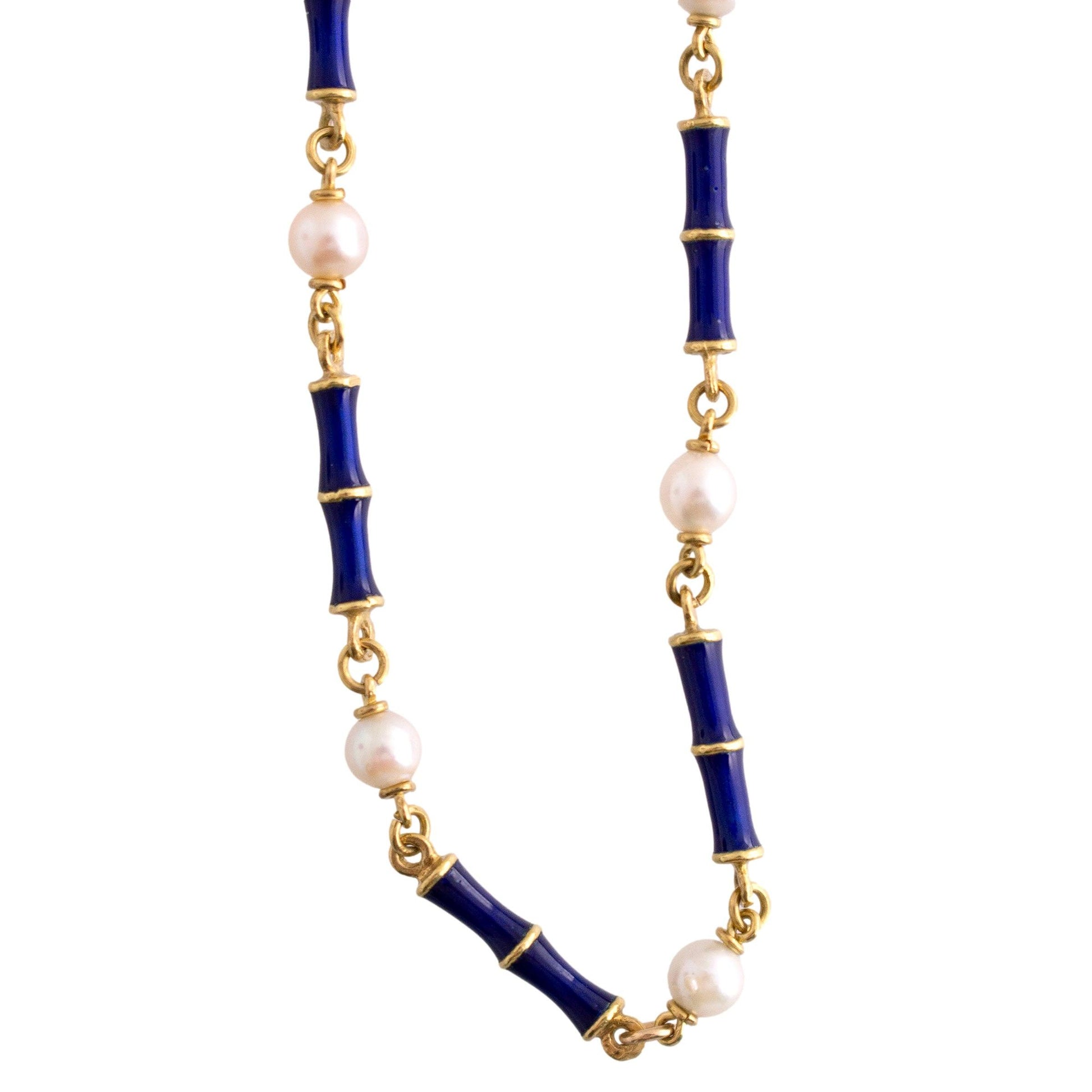 Blue Enamel and Pearl Link Necklace