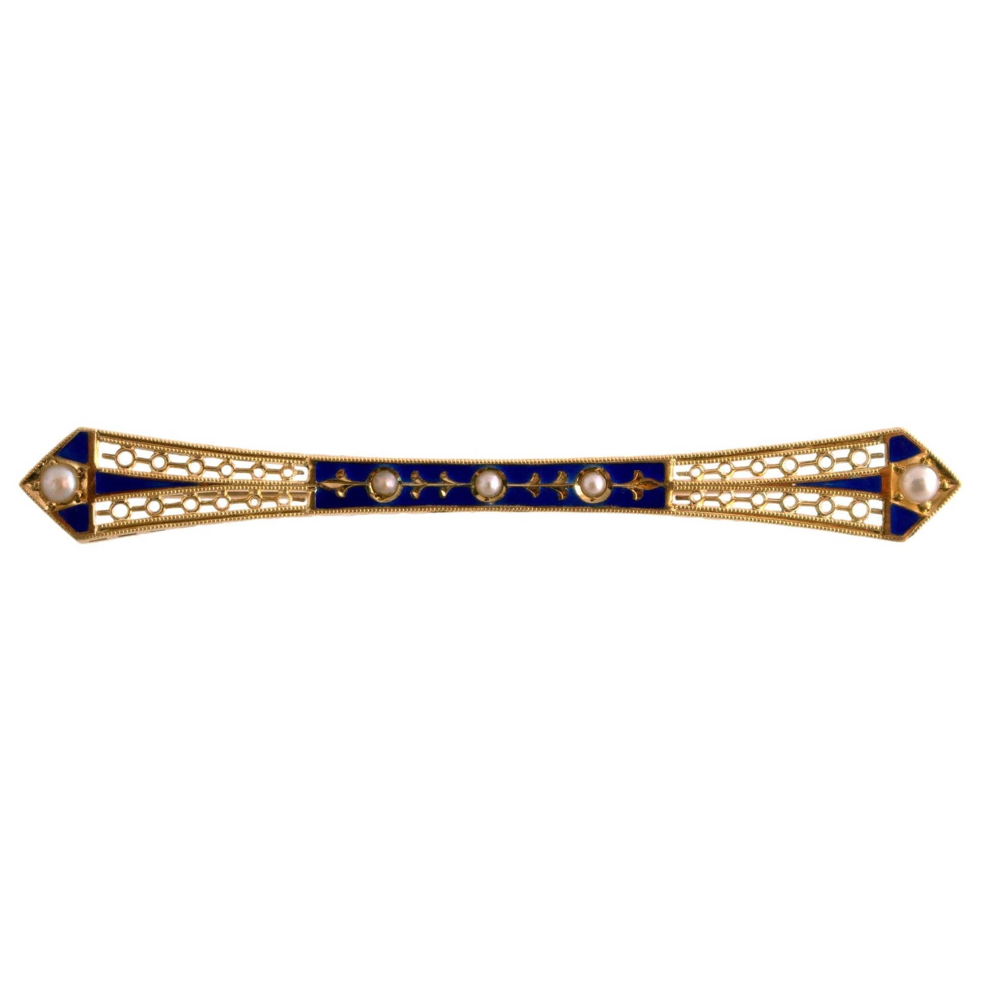 14k yellow gold Blue Enamel and Seed Pearl filigree Bar Brooch