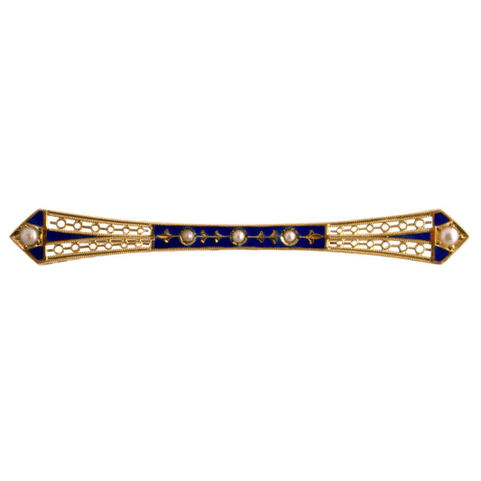 14k yellow gold Blue Enamel and Seed Pearl filigree Bar Brooch