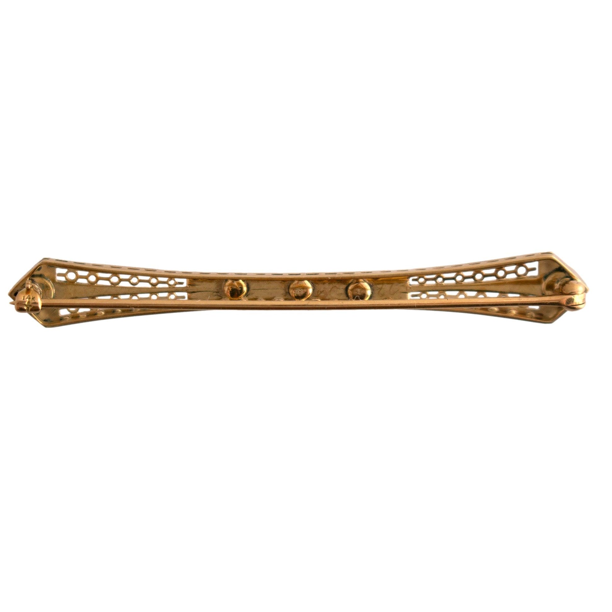 14k yellow gold Blue Enamel and Seed Pearl filigree Bar Brooch