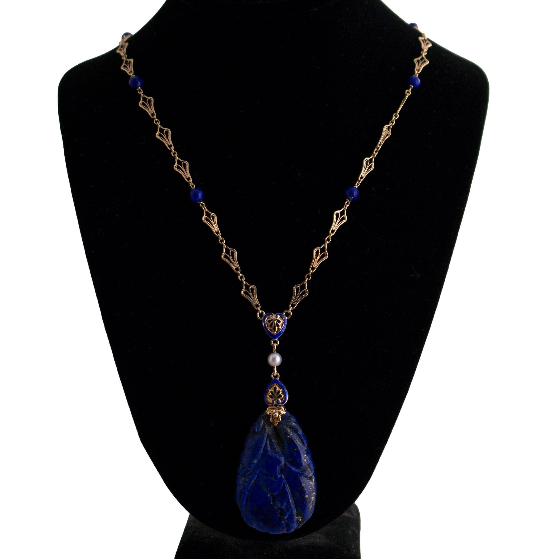 Carved Lapis and Enamel Necklace