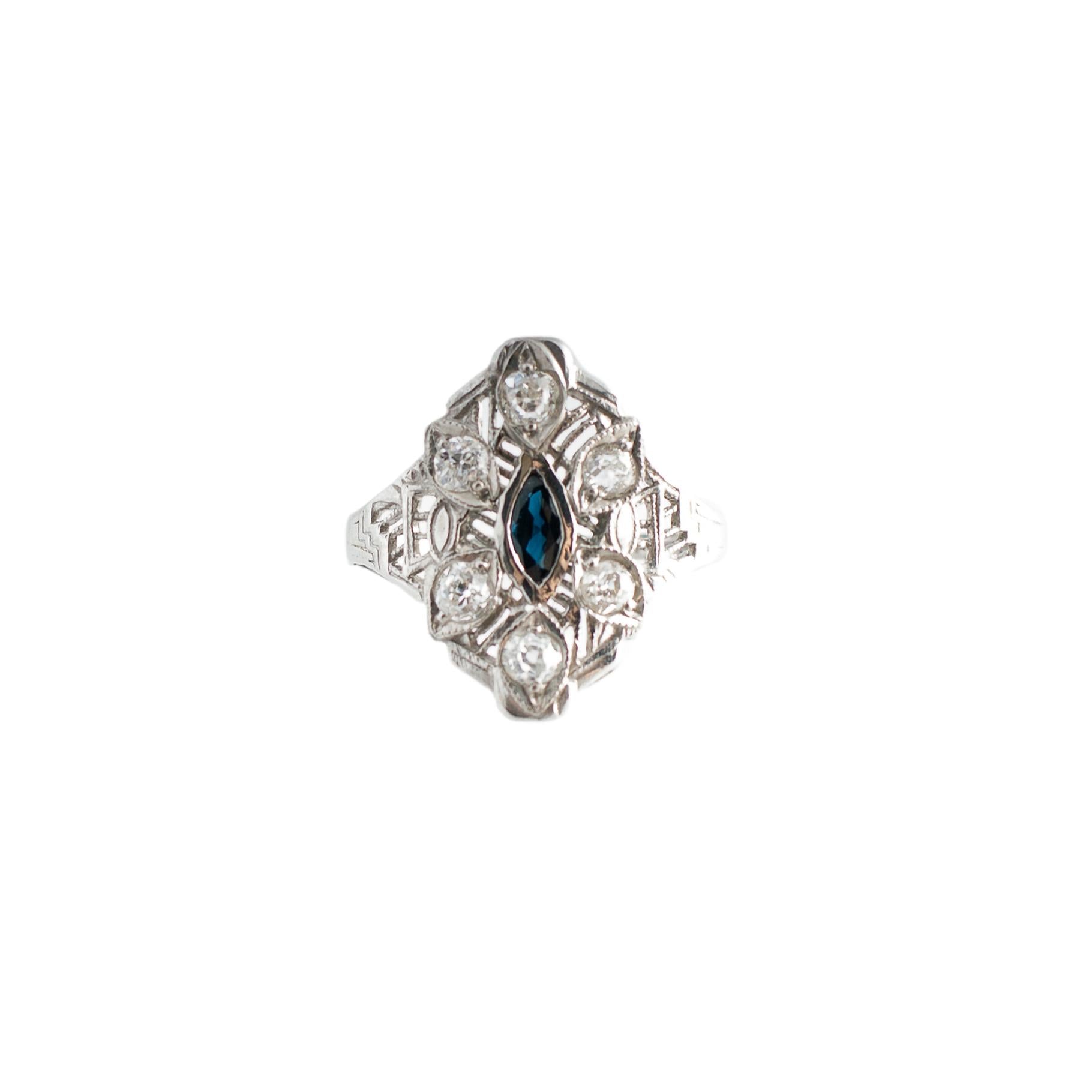 Platinum Deco Styled Old Mine Cut Diamonds and Marquise Sapphire Filigree Ring