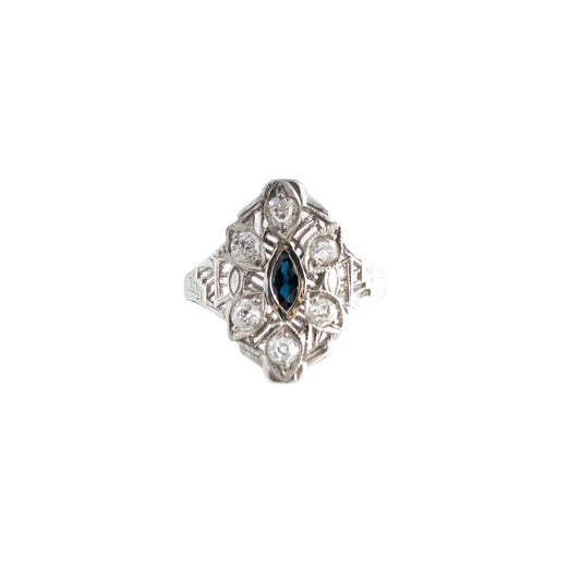 Platinum Deco Styled Old Mine Cut Diamonds and Marquise Sapphire Filigree Ring