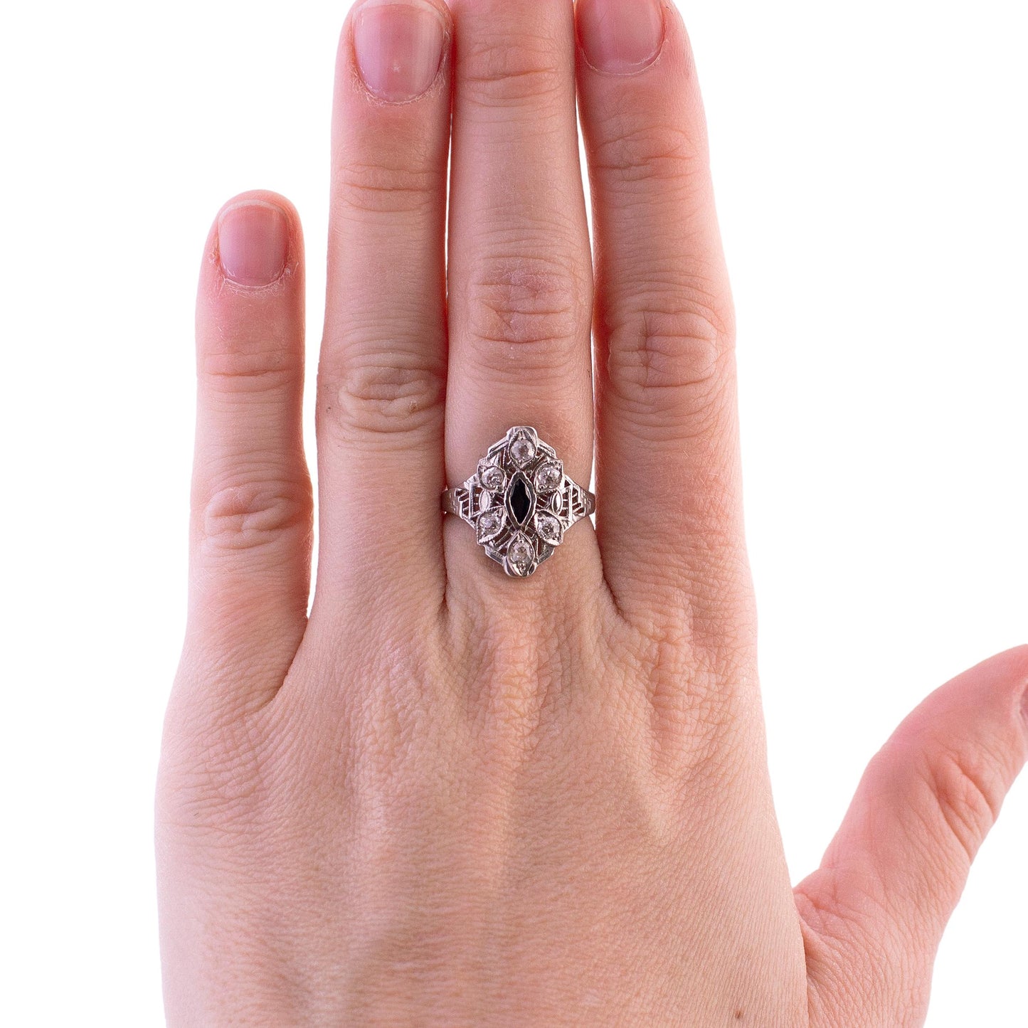 Platinum Deco Styled Old Mine Cut Diamonds and Marquise Sapphire Filigree Ring