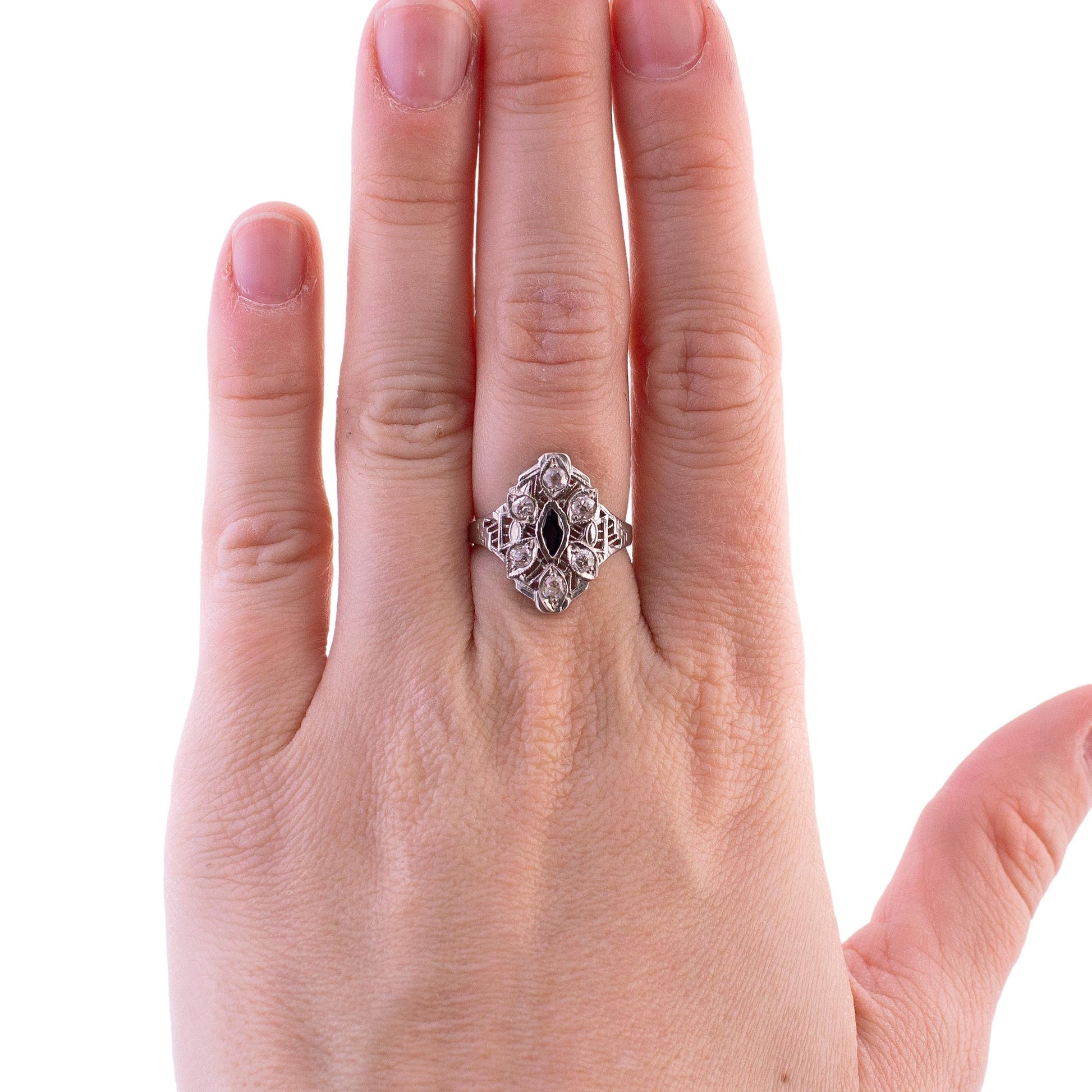 Platinum Deco Styled Old Mine Cut Diamonds and Marquise Sapphire Filigree Ring