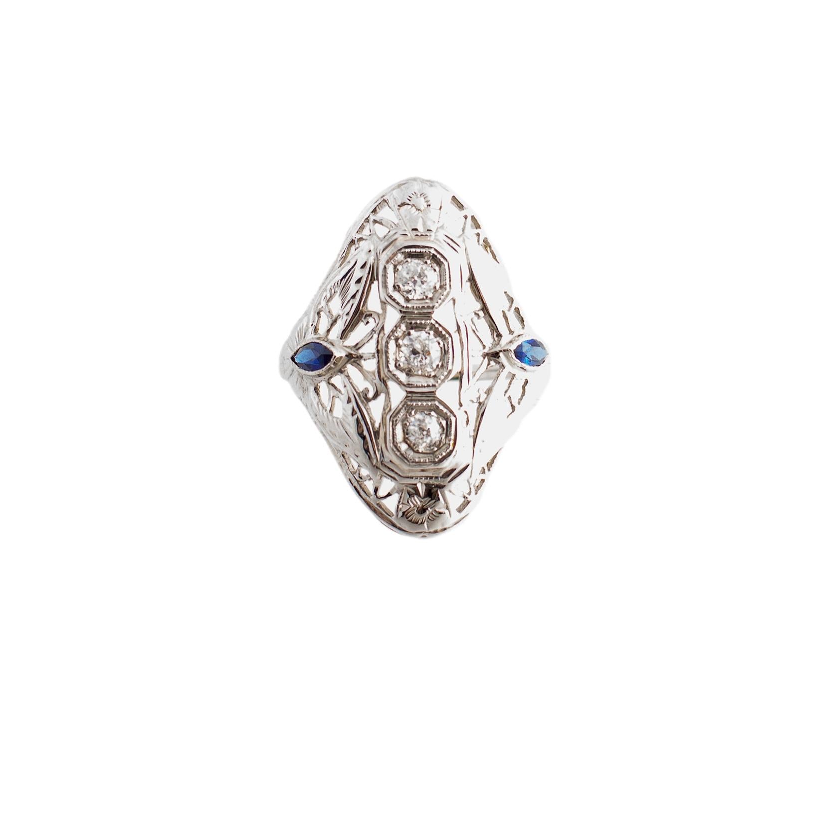 Filigree 3 Diamond and Synthetic Sapphire 18k white gold Domed Ring