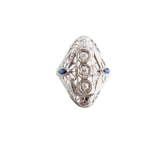 Filigree 3 Diamond and Synthetic Sapphire 18k white gold Domed Ring