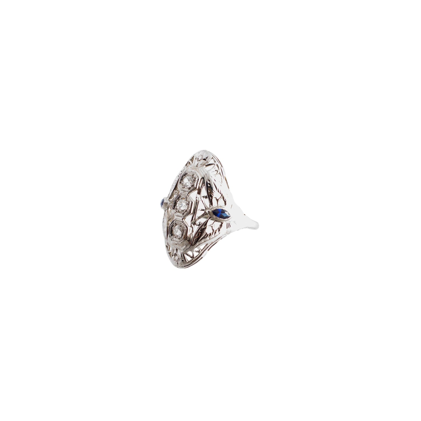 Filigree 3 Diamond and Synthetic Sapphire 18k white gold Domed Ring