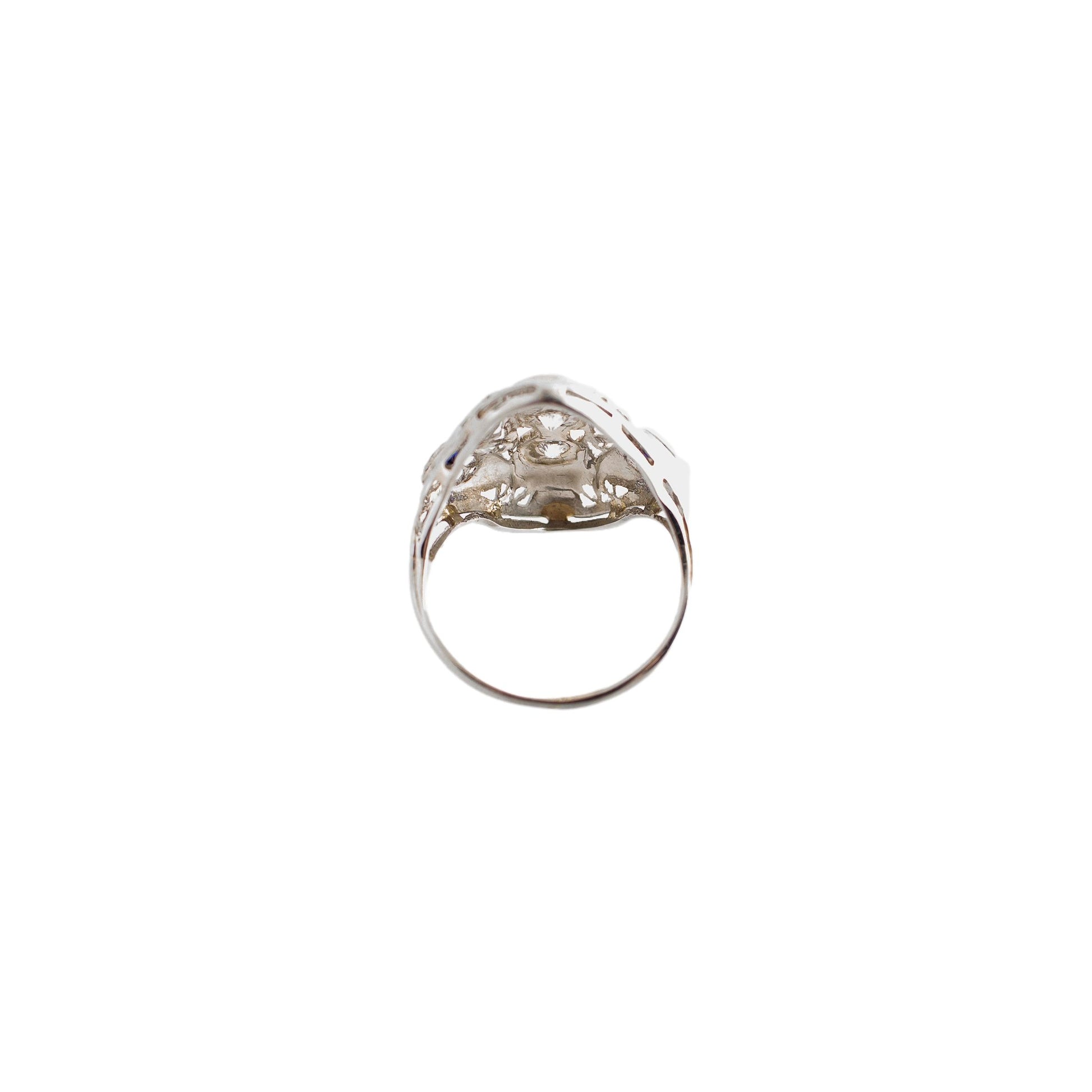 Filigree 3 Diamond and Synthetic Sapphire 18k white gold Domed Ring