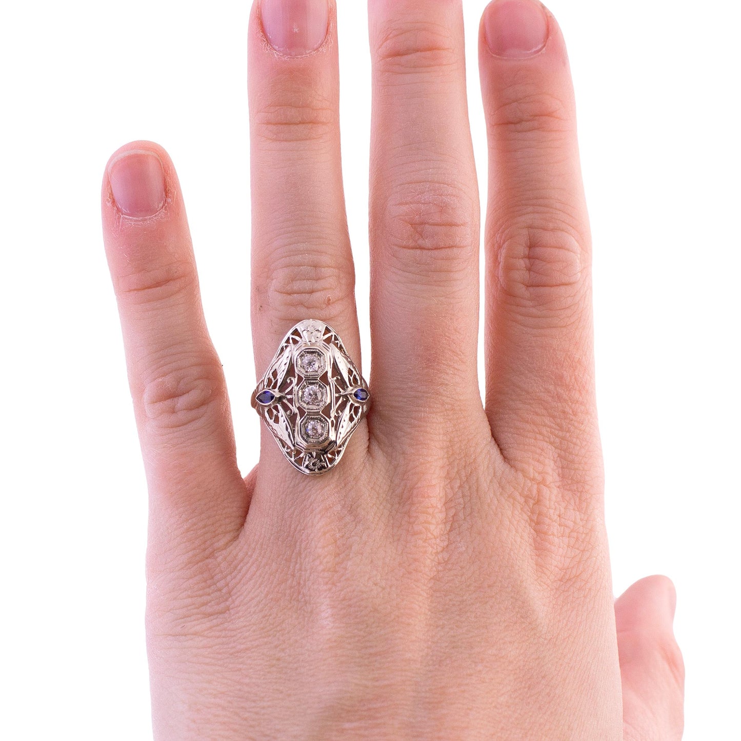 Filigree 3 Diamond and Synthetic Sapphire 18k white gold Domed Ring