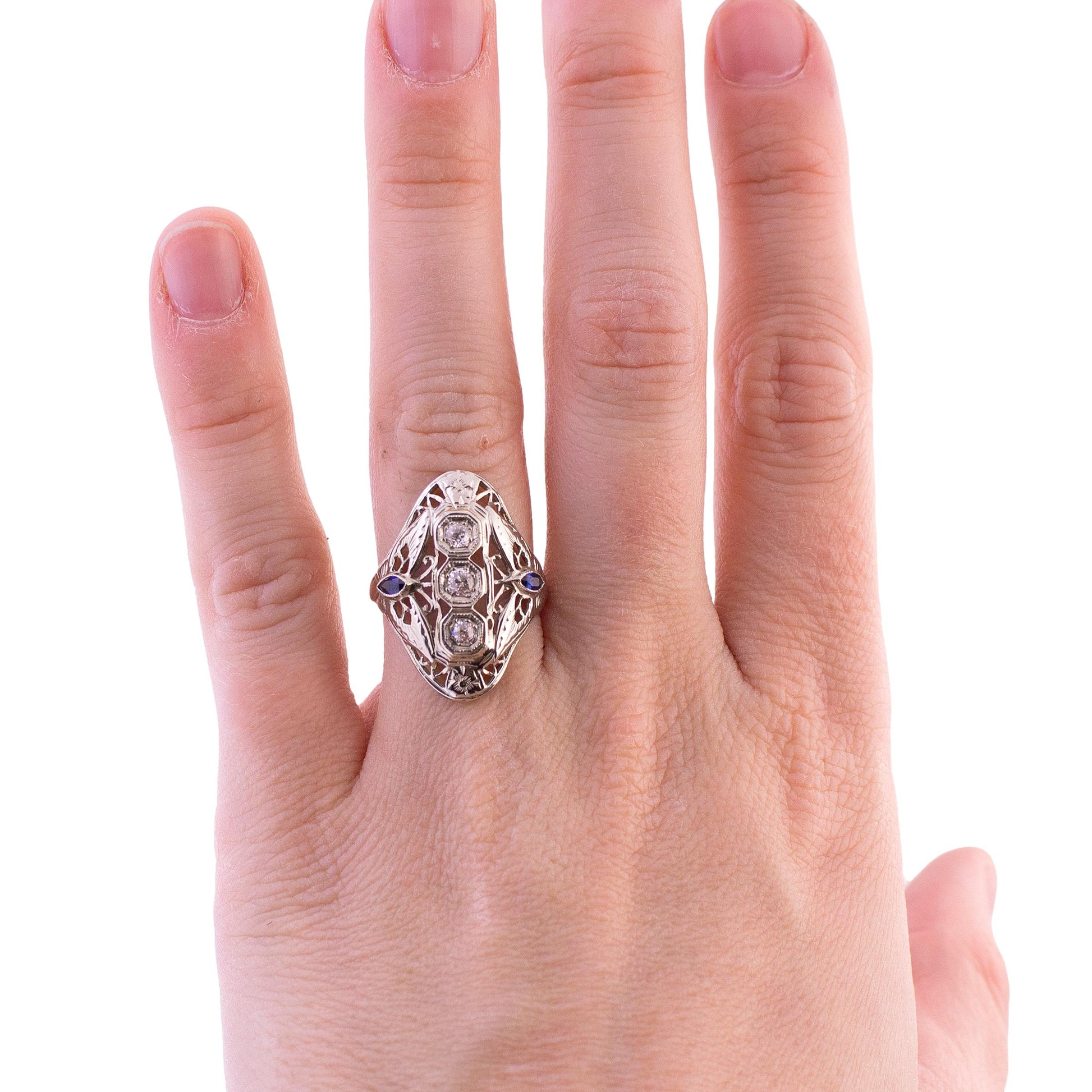 Filigree 3 Diamond and Synthetic Sapphire 18k white gold Domed Ring