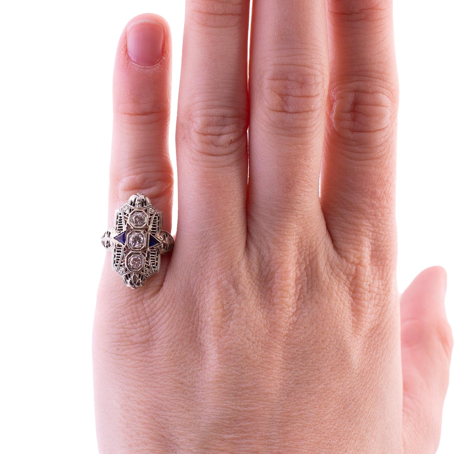 18k white gold 3 Old European Cut Diamond and Synthetic Sapphire Ring