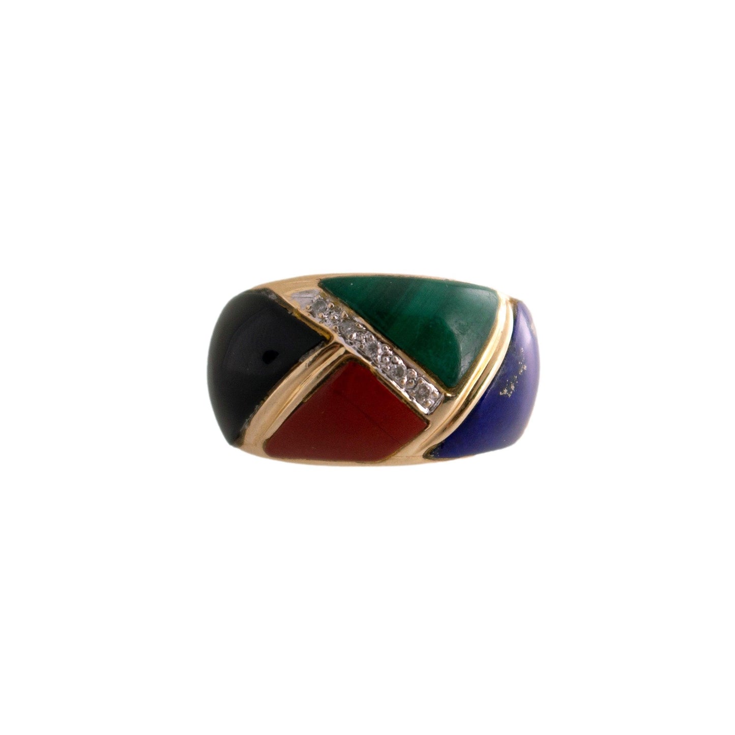14kyg Inlaid Lapis, Malachite, carnelian and Onyx Tapered Ring with diamonds