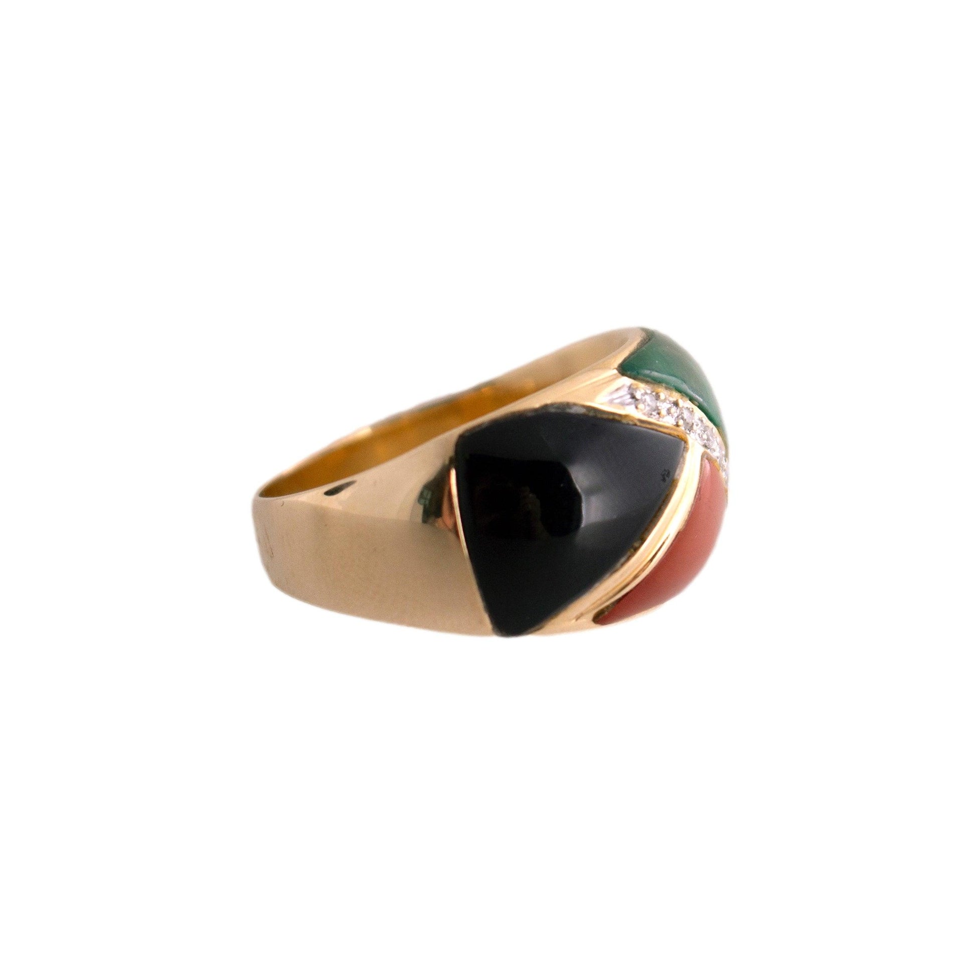 14kyg Inlaid Lapis, Malachite, carnelian and Onyx Tapered Ring with diamonds