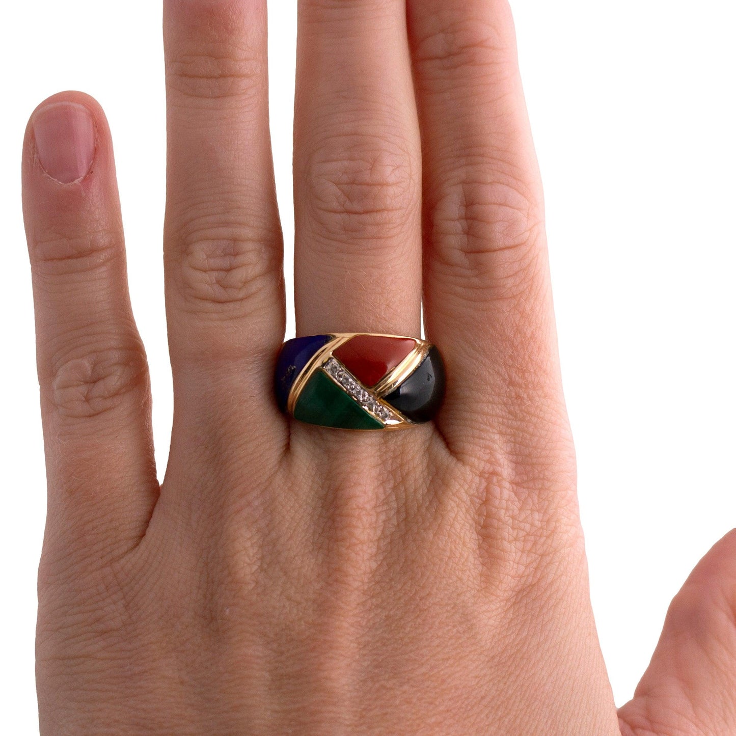 14kyg Inlaid Lapis, Malachite, carnelian and Onyx Tapered Ring with diamonds