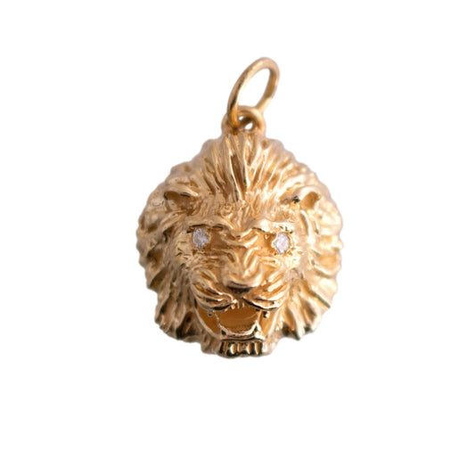 14k yellow gold cast Lion Head Charm with Diamond Eyes
