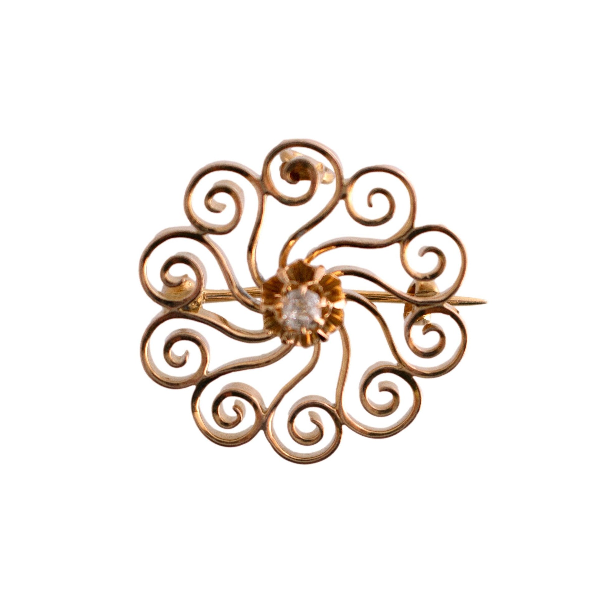 14k yellow gold .10 carat Old Mine Cut Diamond Victorian Swirl Pin/Pendant