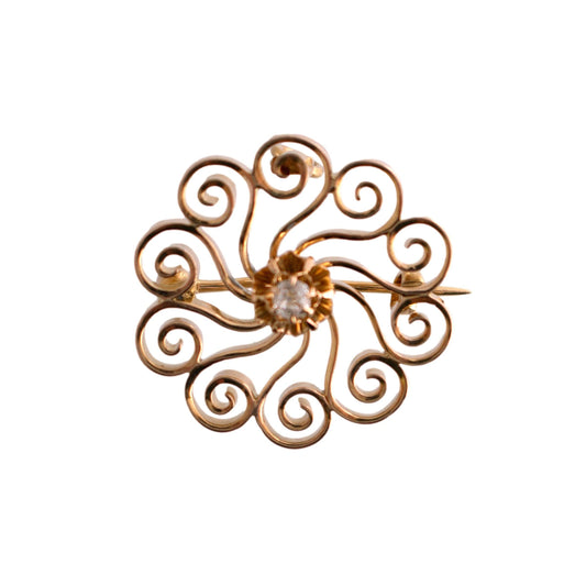 14k yellow gold .10 carat Old Mine Cut Diamond Victorian Swirl Pin/Pendant