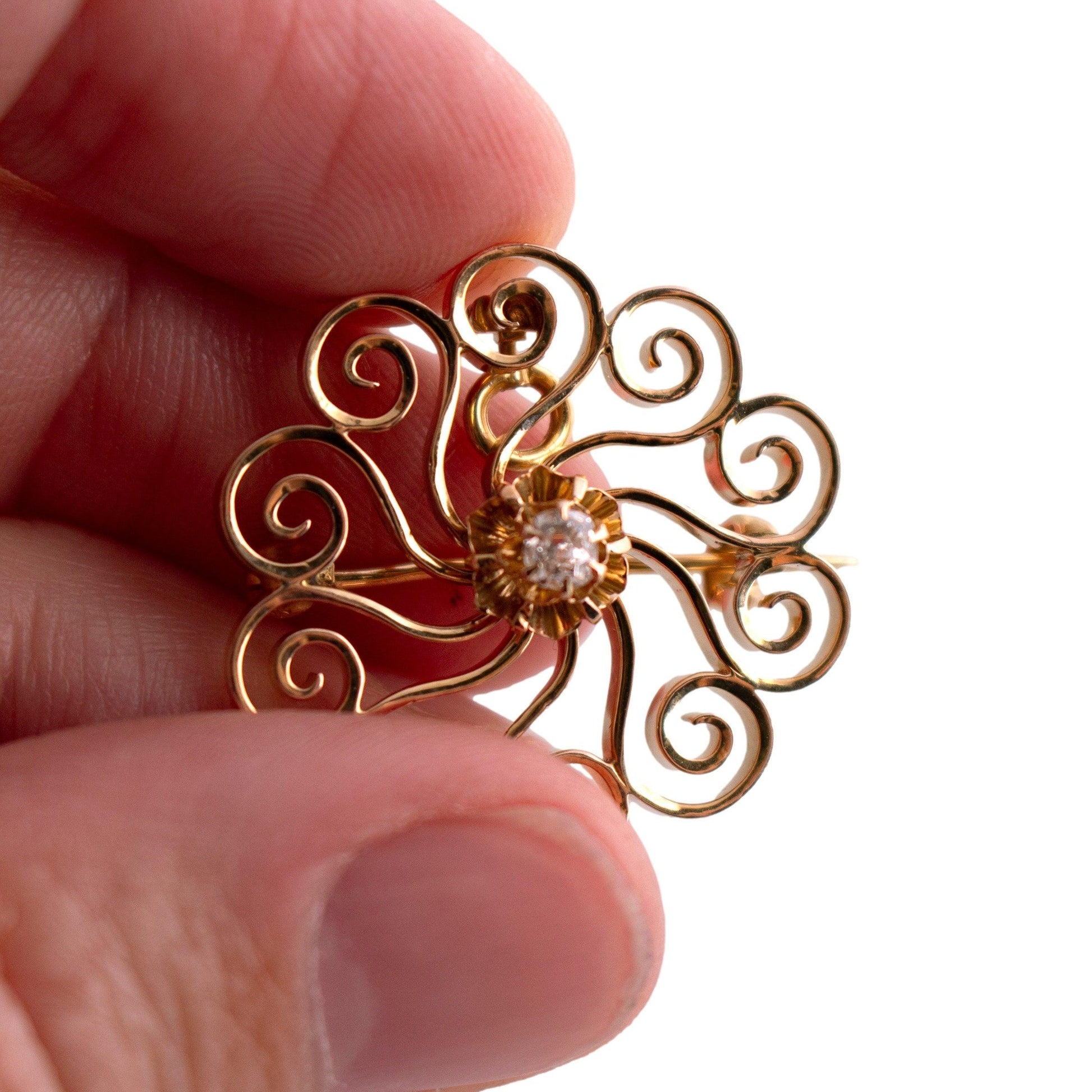 14k yellow gold .10 carat Old Mine Cut Diamond Victorian Swirl Pin/Pendant