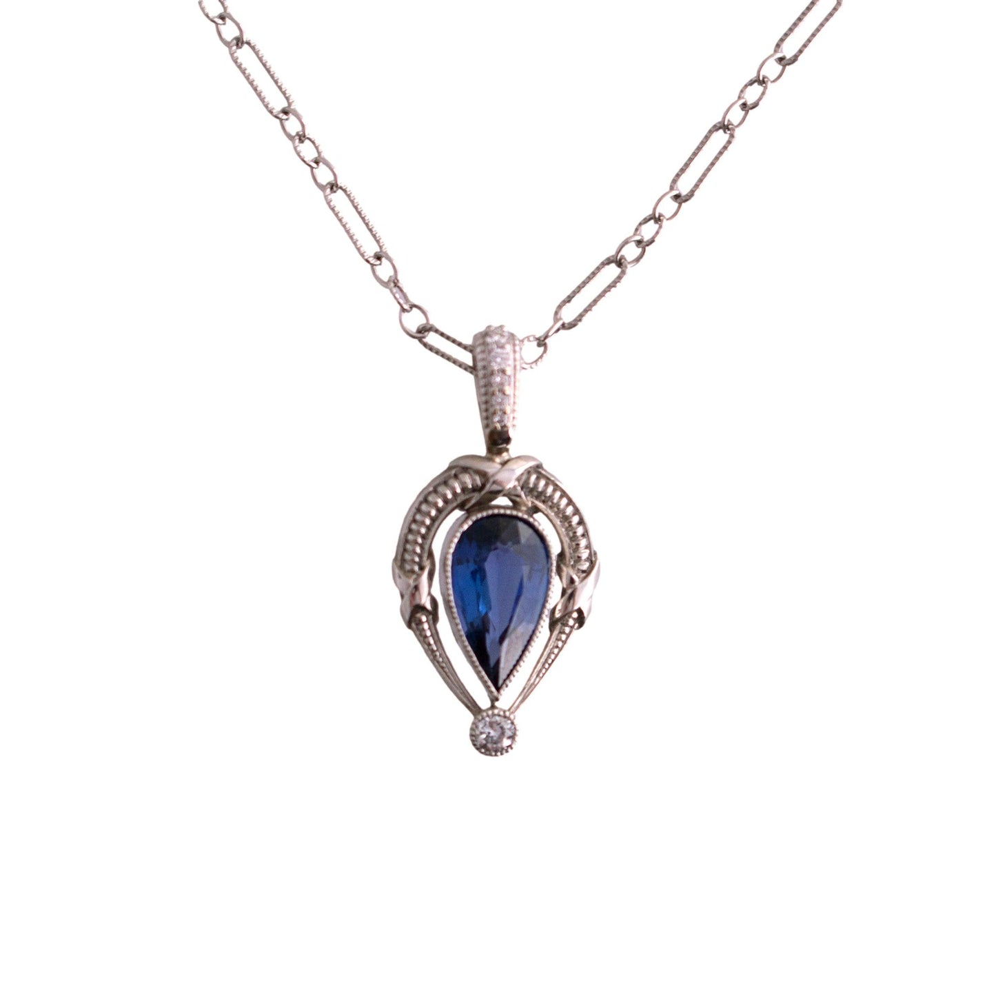 Platinum 1.06ct pear shape natural Sapphire/ 14k white gold dia bail and chain
