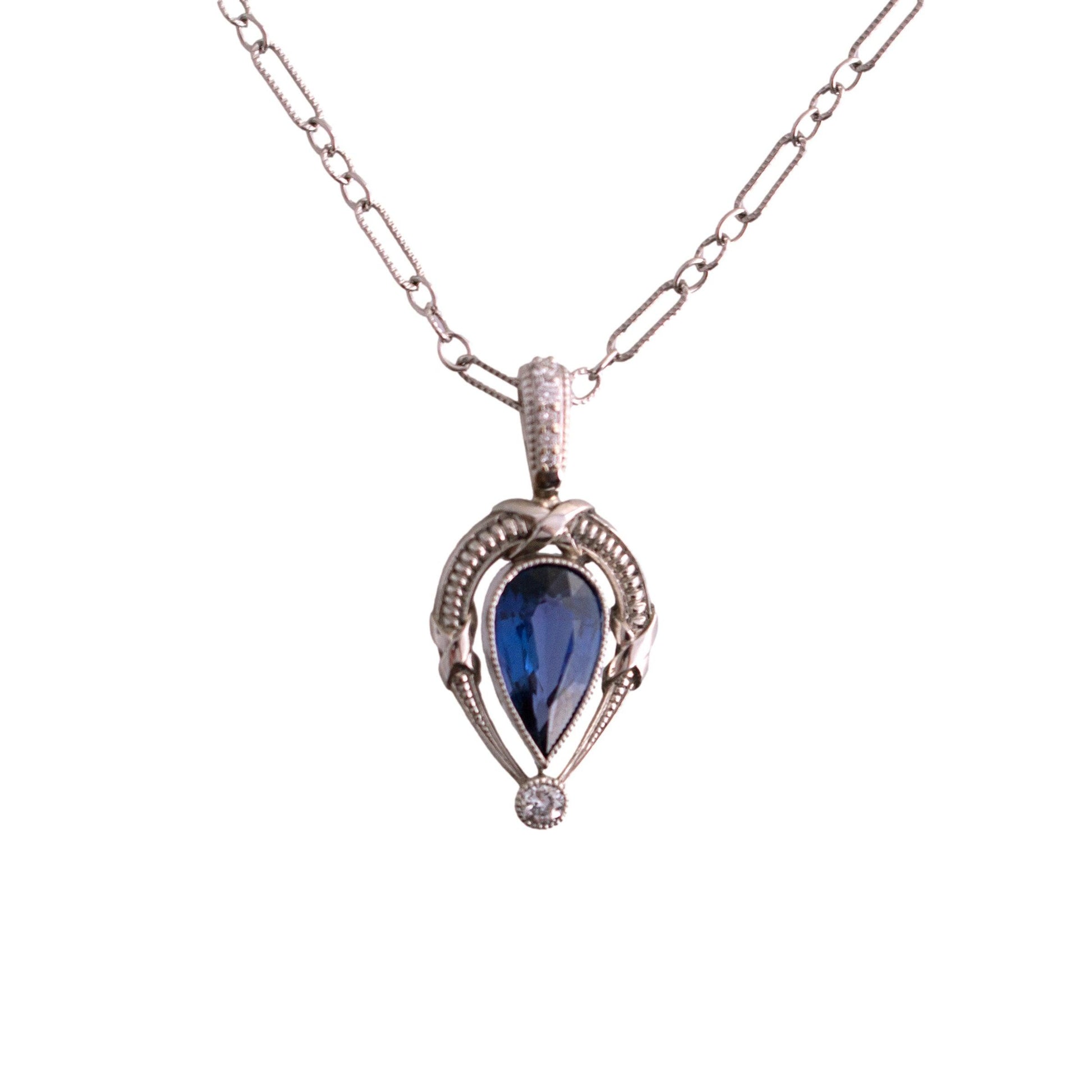 Platinum 1.06ct pear shape natural Sapphire/ 14k white gold dia bail and chain