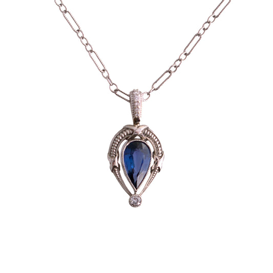 Platinum 1.06ct pear shape natural Sapphire/ 14k white gold dia bail and chain
