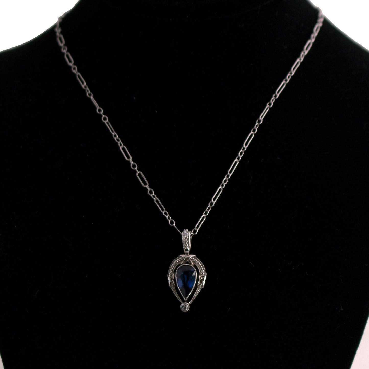 Platinum 1.06ct pear shape natural Sapphire/ 14k white gold dia bail and chain