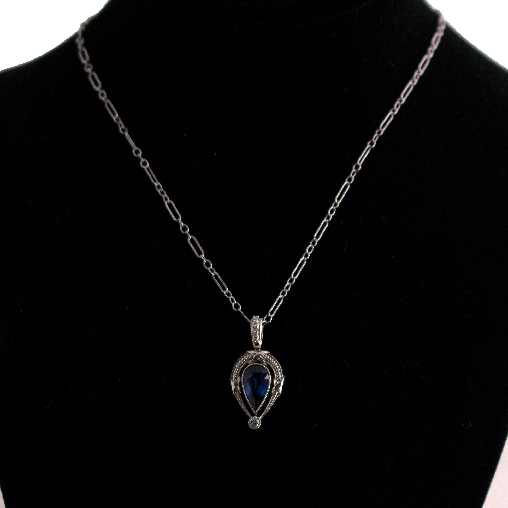 Platinum 1.06ct pear shape natural Sapphire/ 14k white gold dia bail and chain