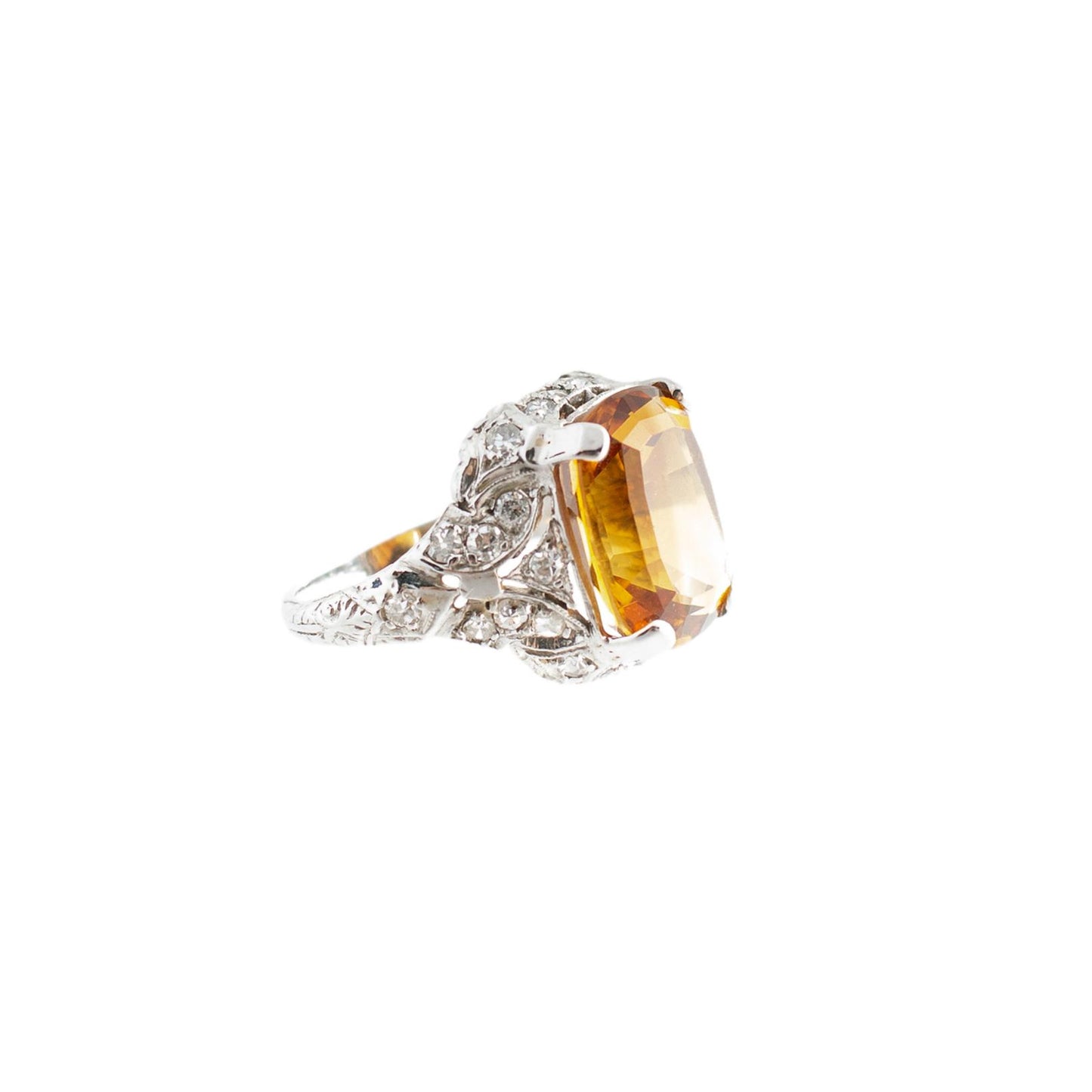 Edwardian Platinum Cushion Citrine and Diamond Filigree Ring
