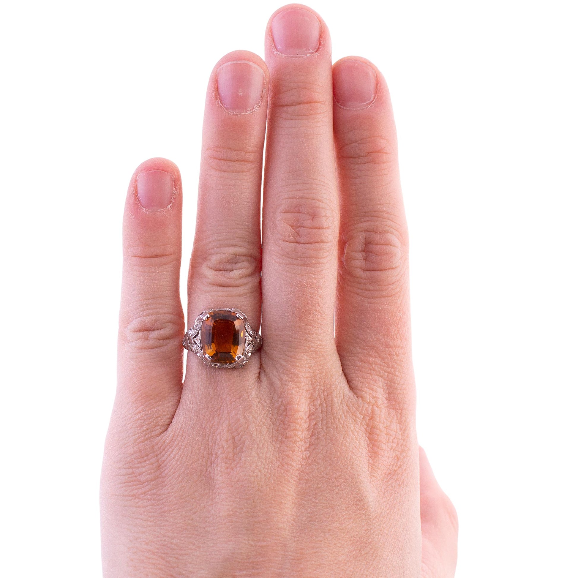 Edwardian Platinum Cushion Citrine and Diamond Filigree Ring