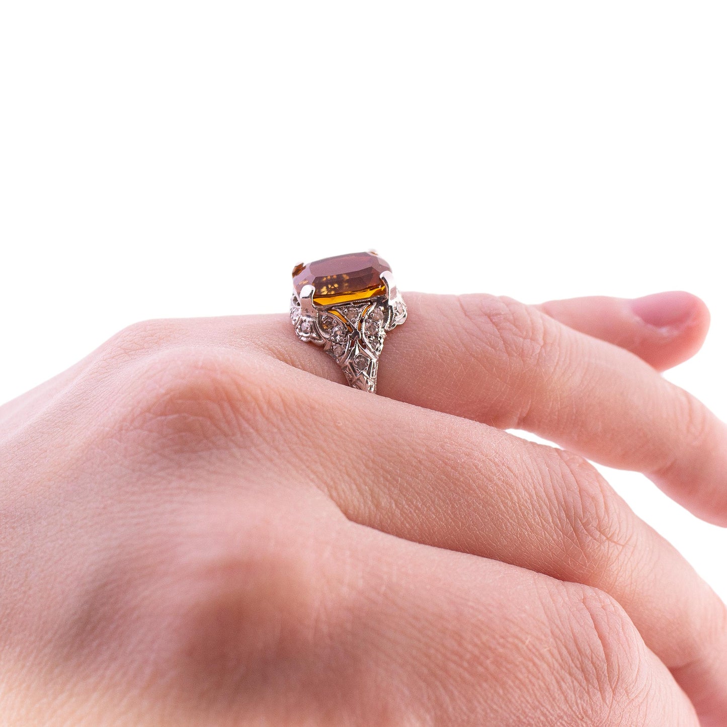 Edwardian Platinum Cushion Citrine and Diamond Filigree Ring