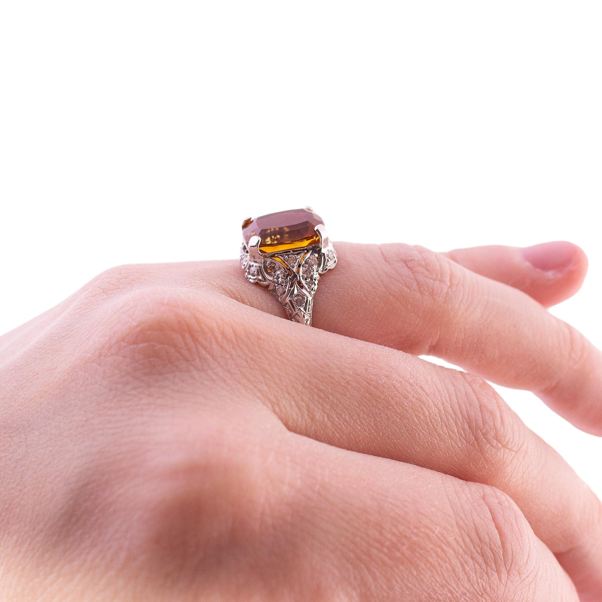 Edwardian Platinum Cushion Citrine and Diamond Filigree Ring