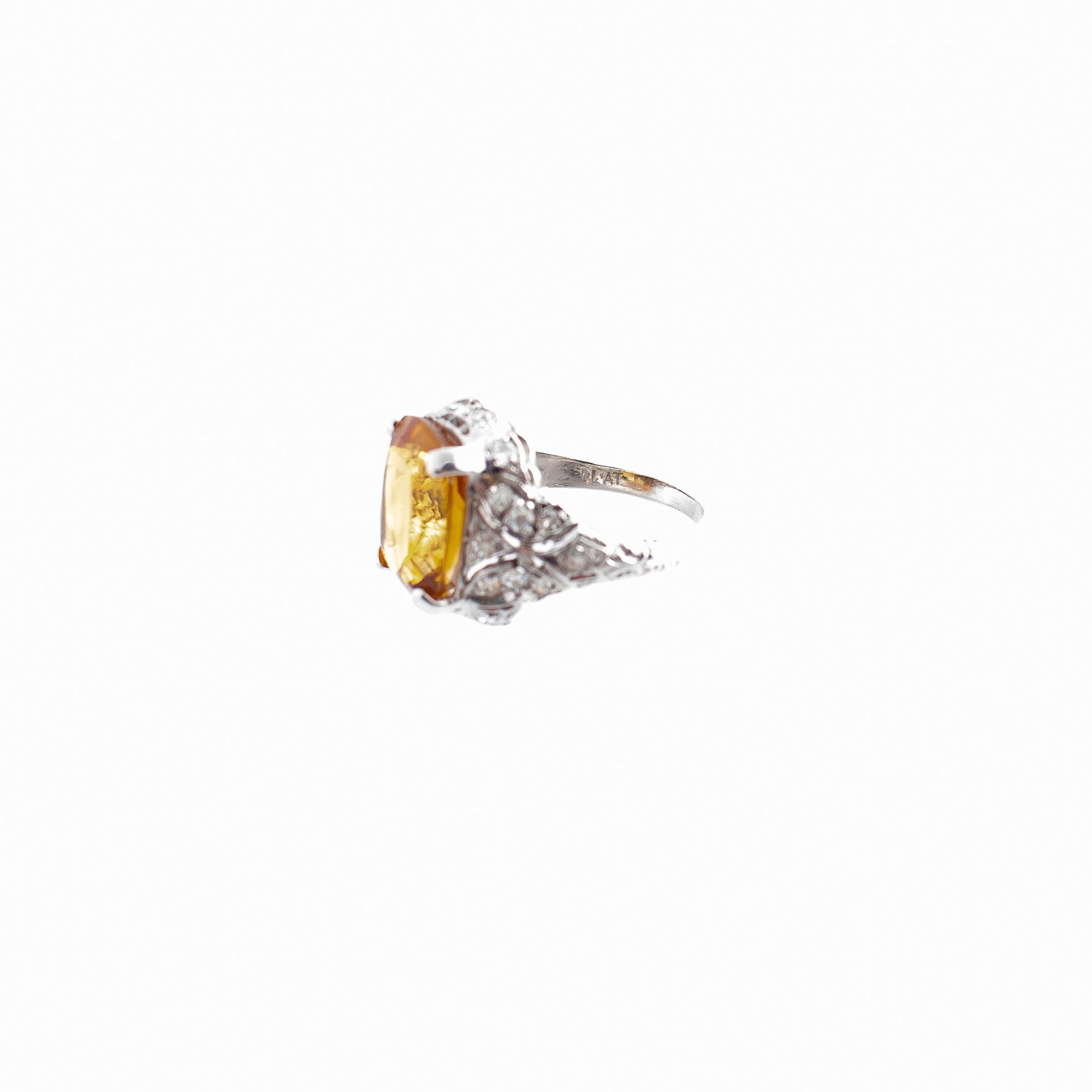 Edwardian Platinum Cushion Citrine and Diamond Filigree Ring