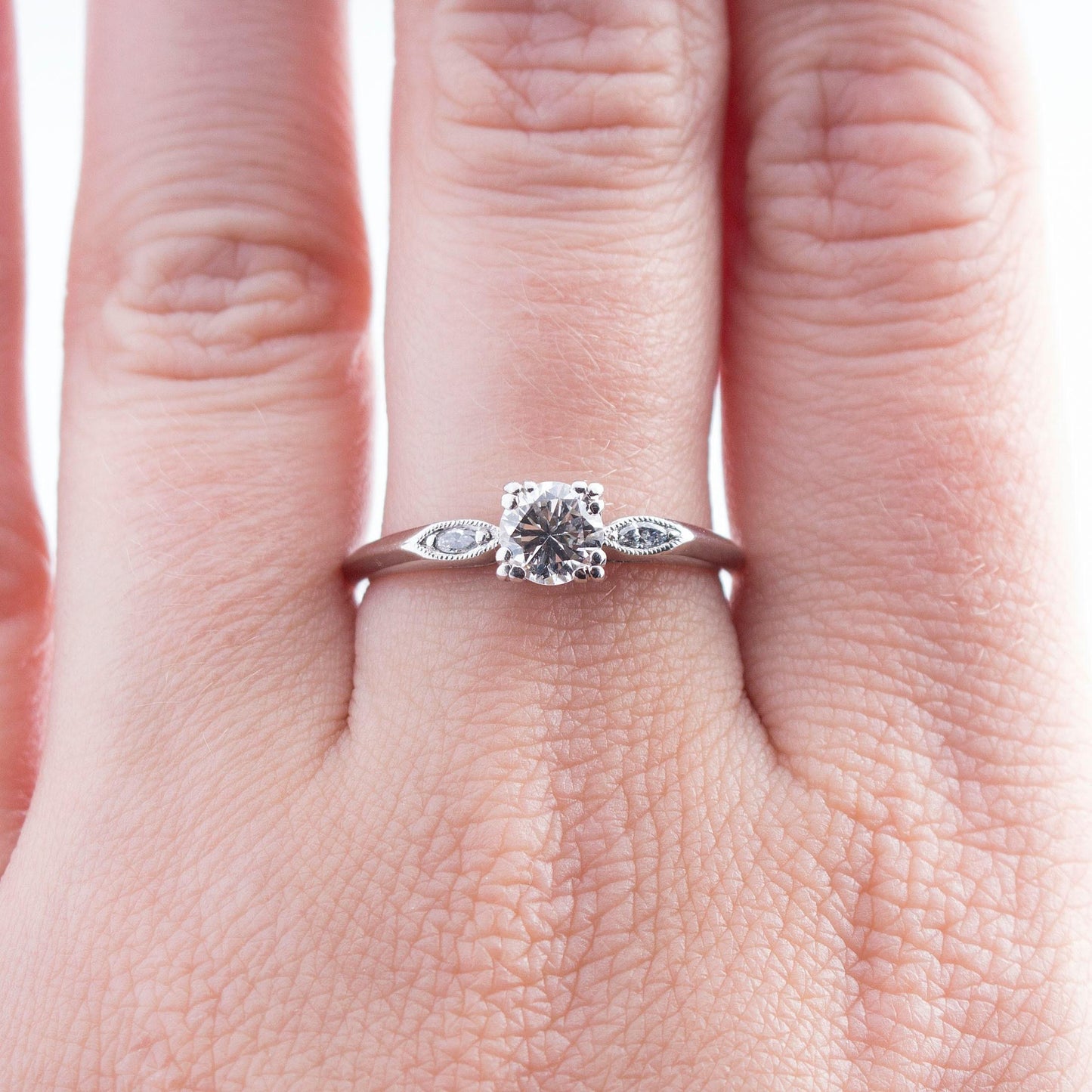 Platinum Mid-Century .50ct Transitional Cut Marquise Sides Diamond Eng. Ring