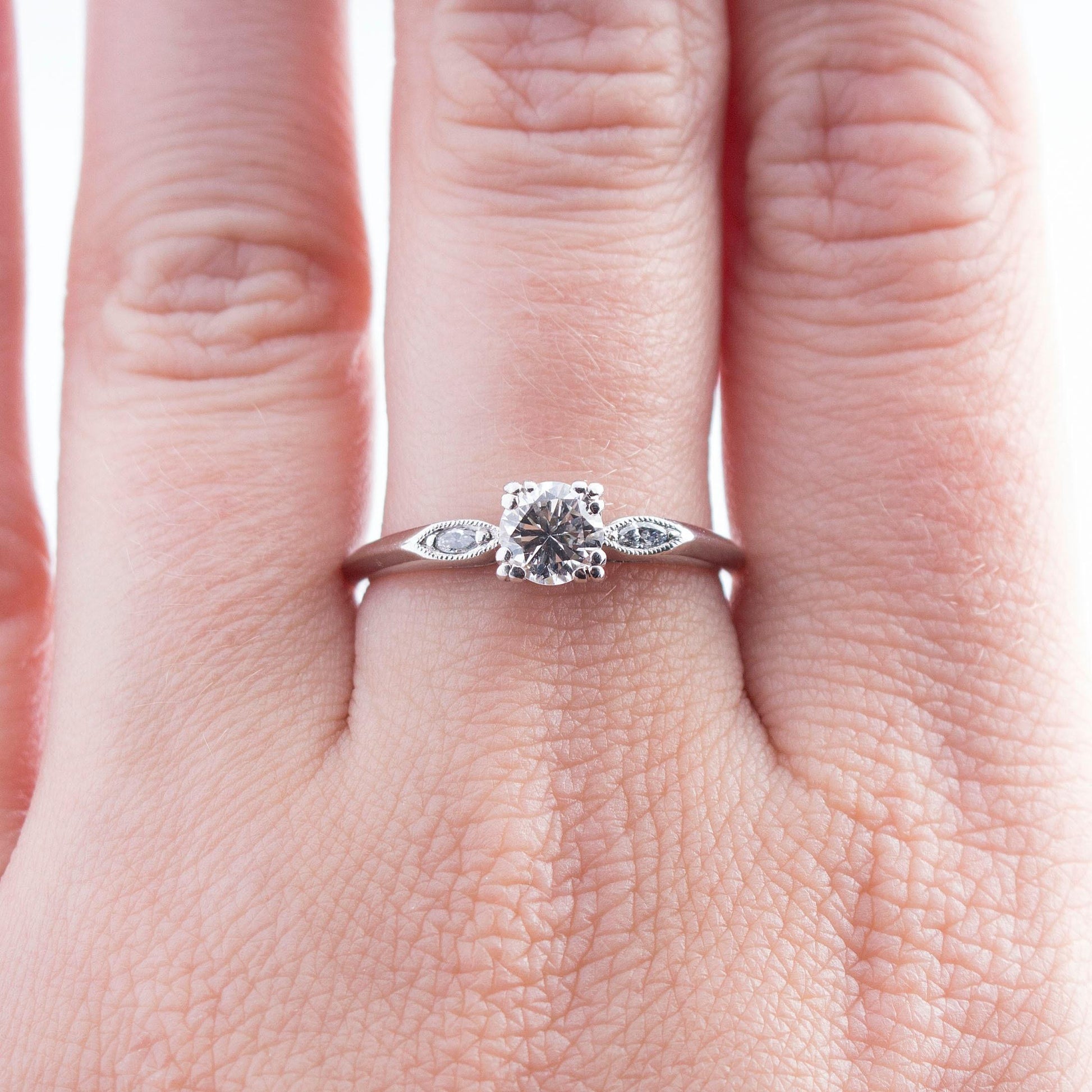 Platinum Mid-Century .50ct Transitional Cut Marquise Sides Diamond Eng. Ring