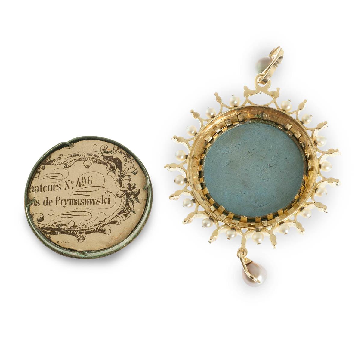 Porcelain cameo, enamel, and natural pearl pendant