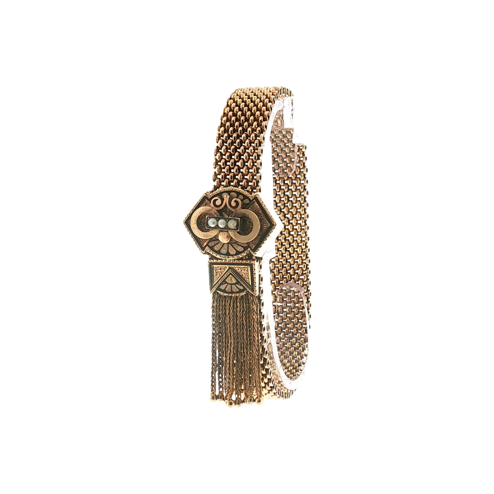 Victorian 10k Yellow Gold Slide Tassel Bracelet With Black Enamel