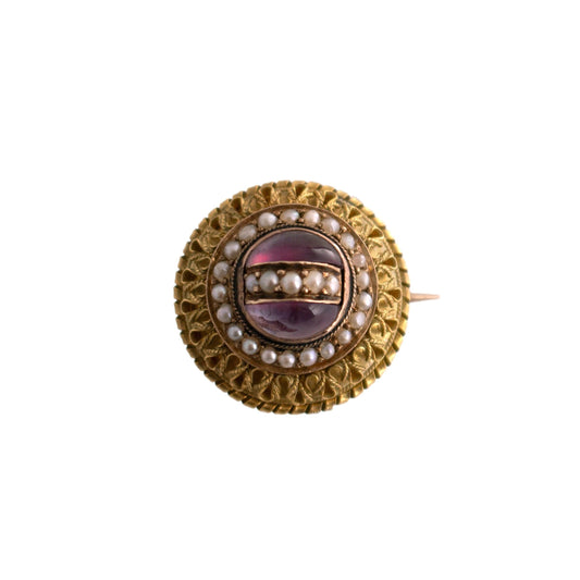 18k yellow gold Victorian Amethyst and Seed Pearl byzantine style brooch