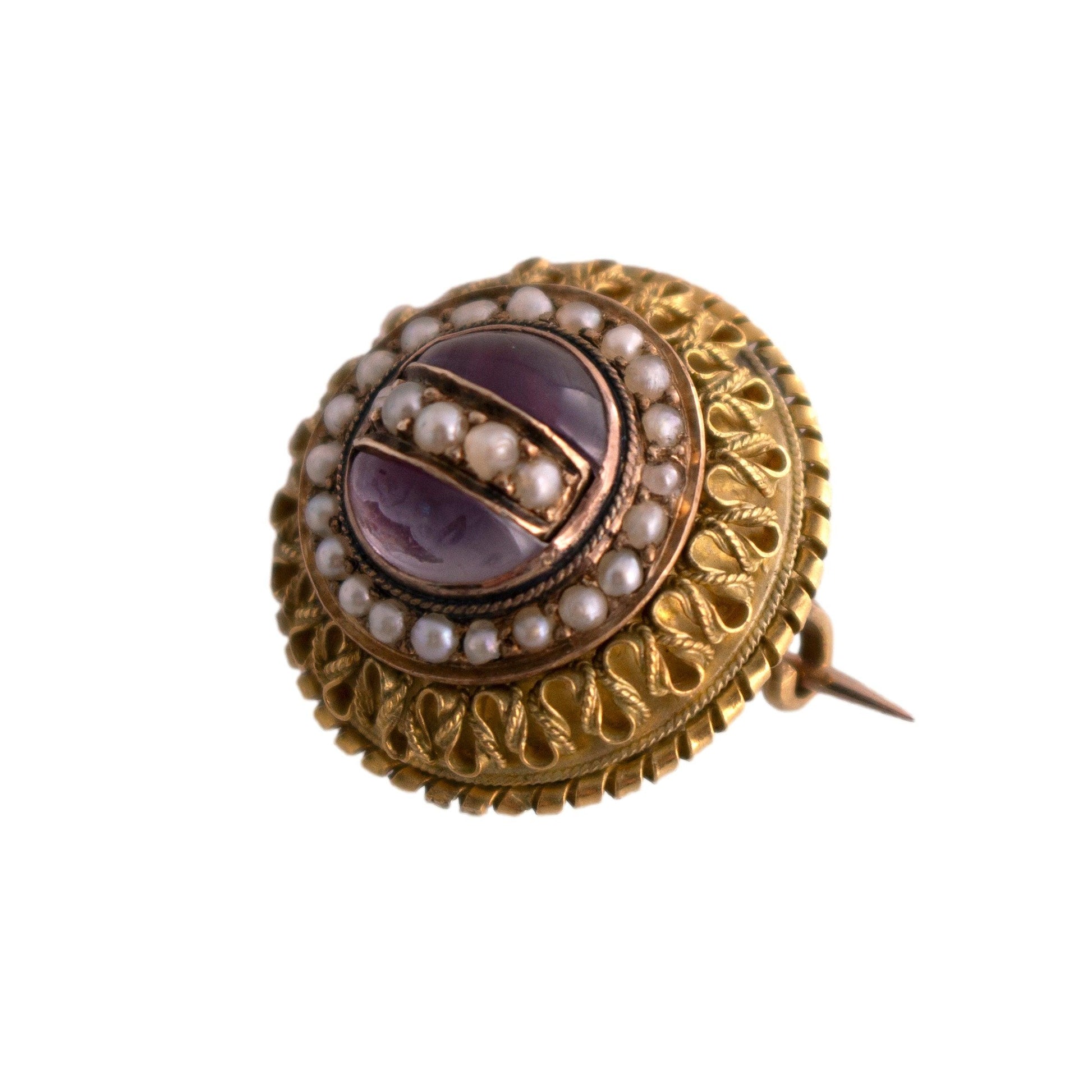 18k yellow gold Victorian Amethyst and Seed Pearl byzantine style brooch