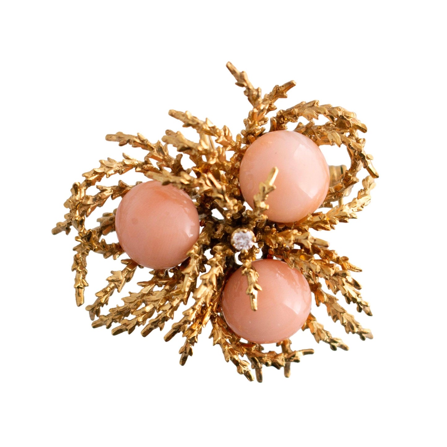 Vintage 18K Gold Angel Skin Coral and Diamond Spray Brooch